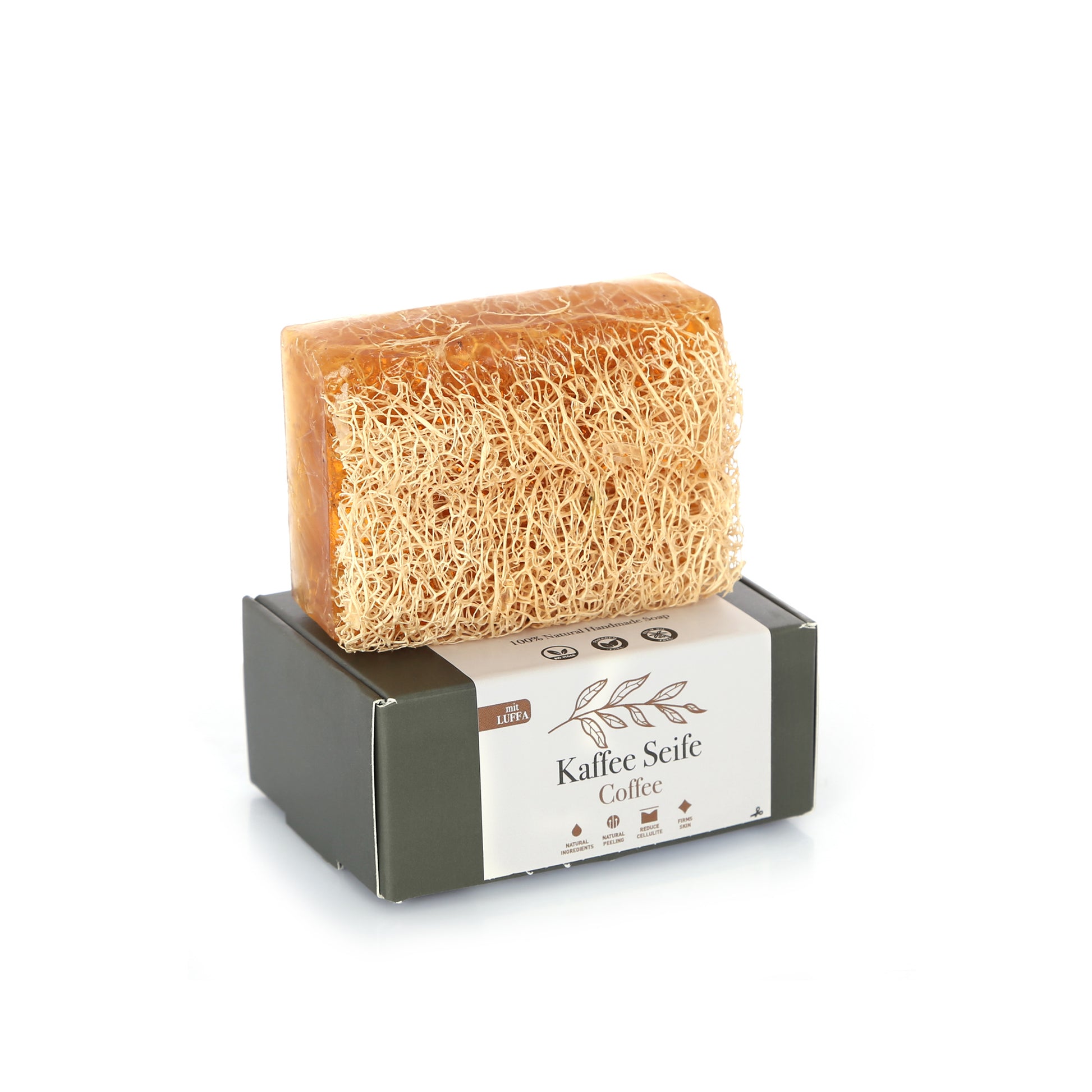 Kaffee Seife mit Luffa ist vegan und handmade. Peelingseife ideal für cellulite