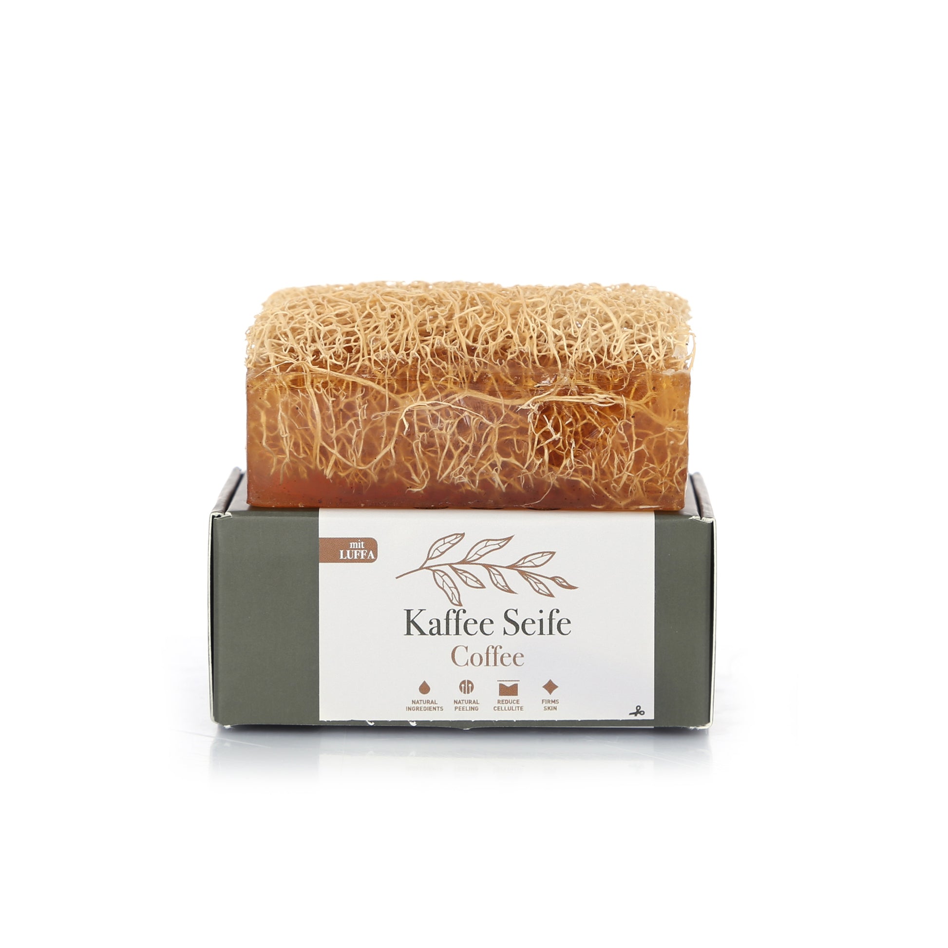 kaffeeseife mit Luffa die Kombination aus Koffein und Luffaschwamm für ein sanftes Peeling.