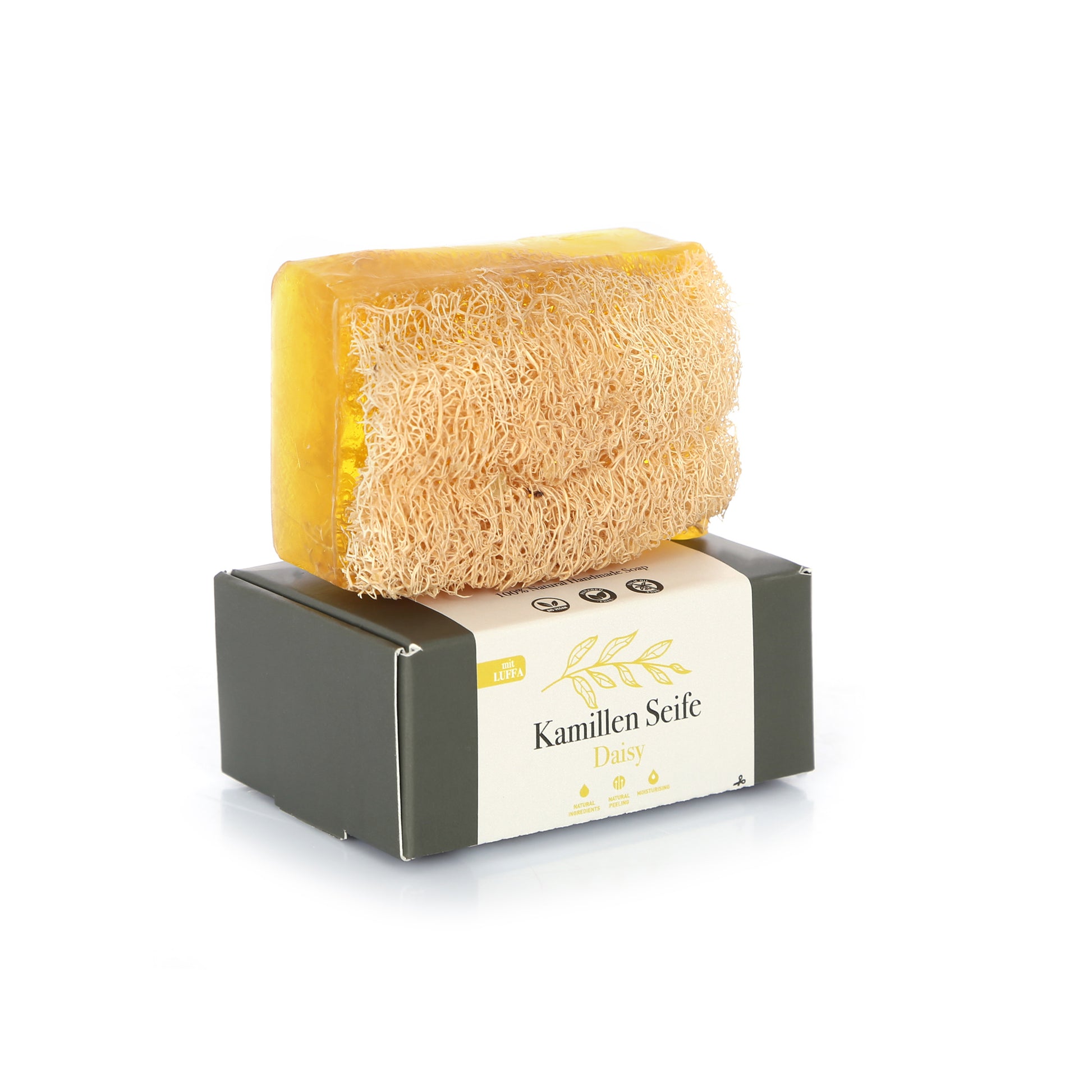 Vegane Kamillen Seife mit Luffa mit Kamillenöl. Seife für emfindliche Haut.