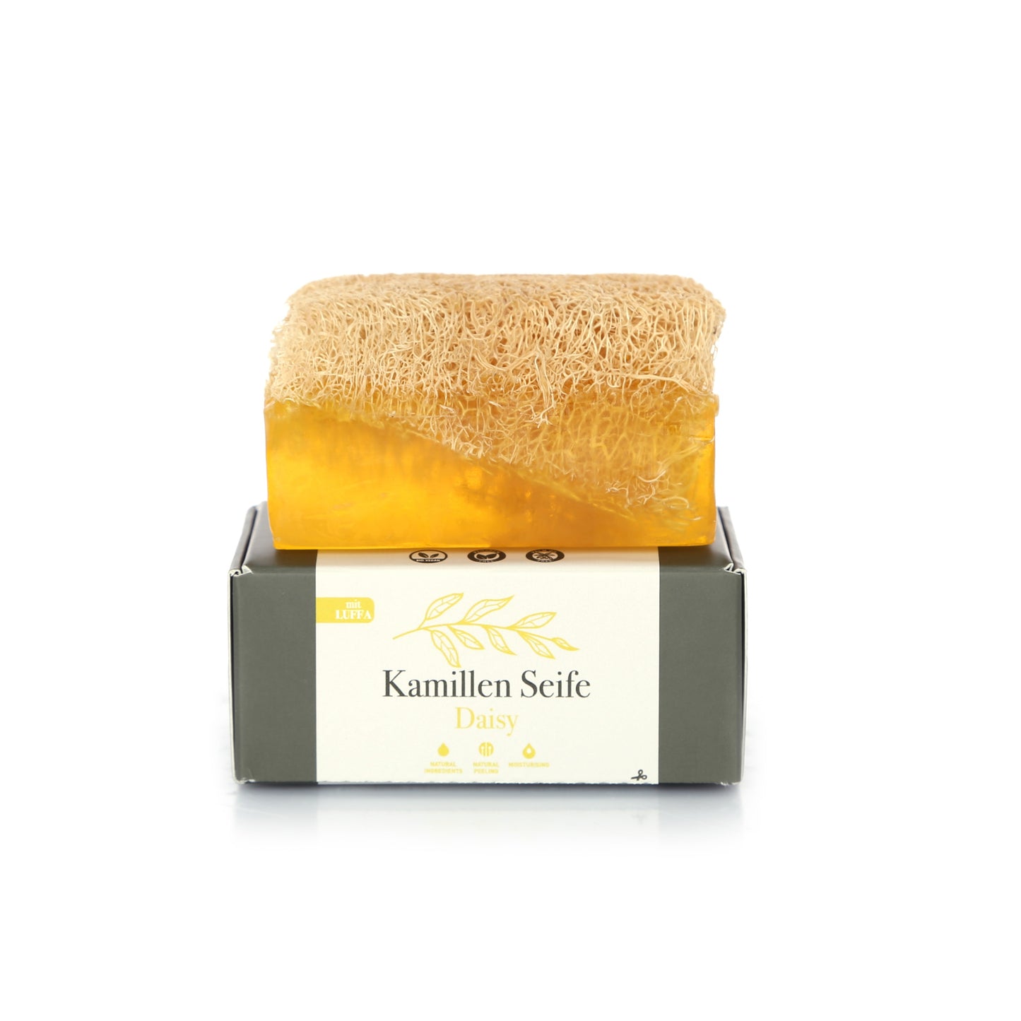 Die handgemachte Kamillenseife mit Luffa ist für die sensible Haut ideal. Seife mit wertvollem Kamillenöl.