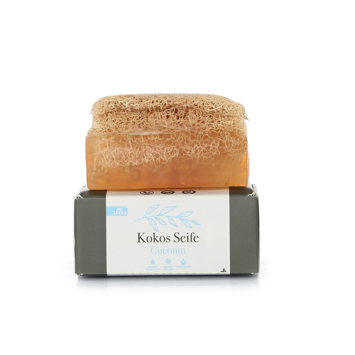 Vegane Kokos Seife mit Luffa für trockene Haut. Das Kokosöl in der Kokos Seife spendet der Haut, schon bei der Reinigung, Feuchtigkeit.